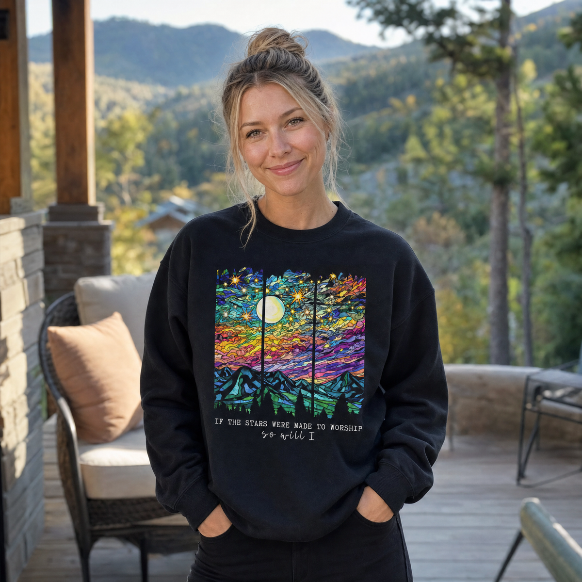 Model wearing the Stained Glass Mountain Night sweatshirt in Black