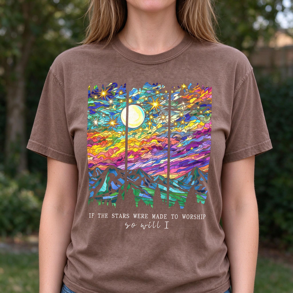Model wearing the Stained Glass Mountain Night comfort colors tee in Espresso