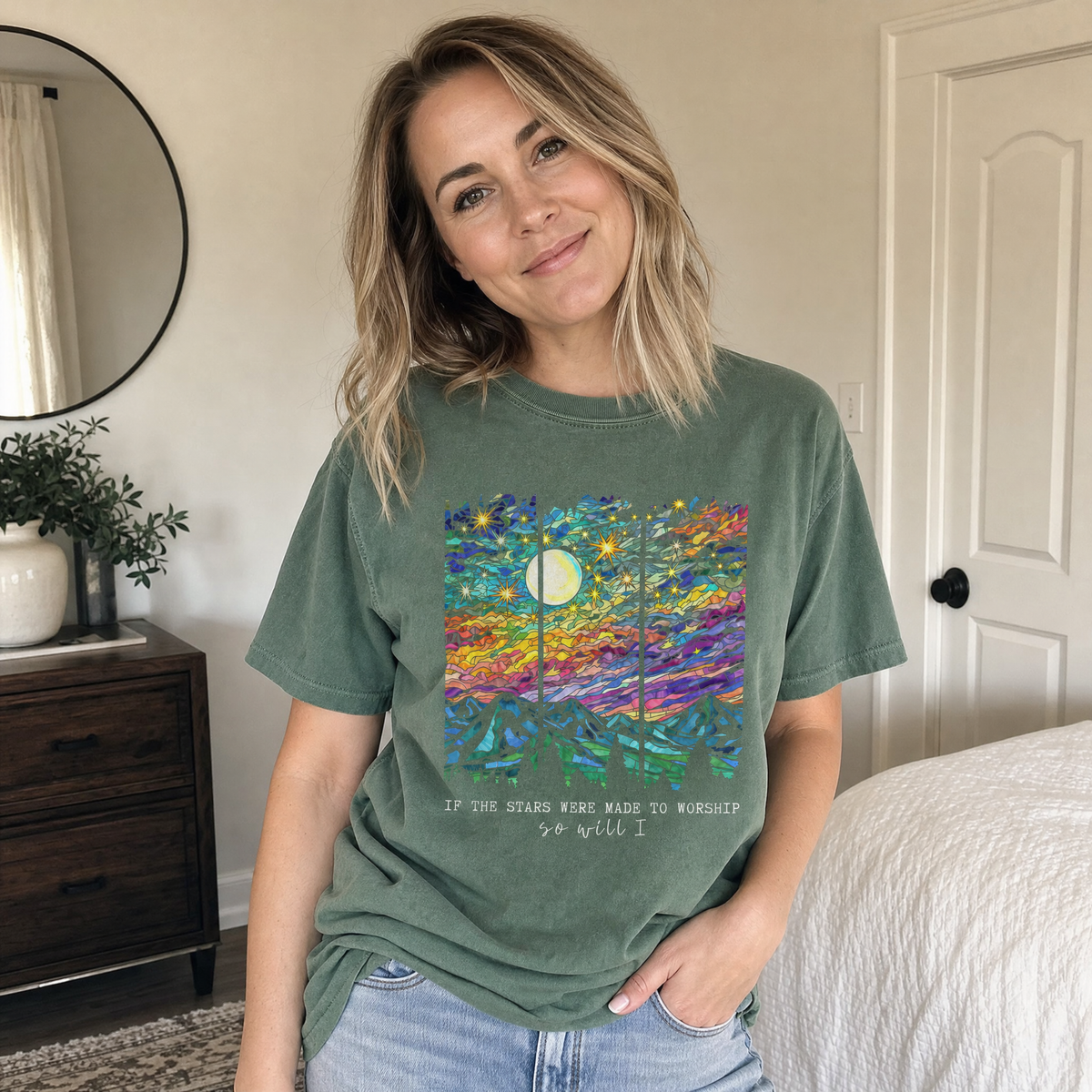 Model wearing the Stained Glass Mountain Night comfort colors tee in Moss, lifestyle image 1