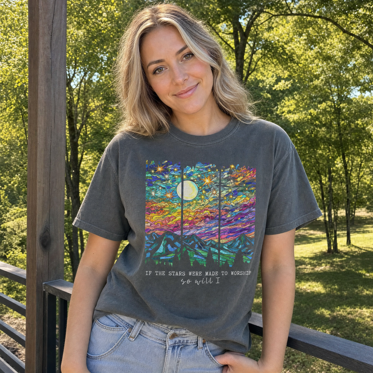 Model wearing the Stained Glass Mountain Night comfort colors tee in Pepper