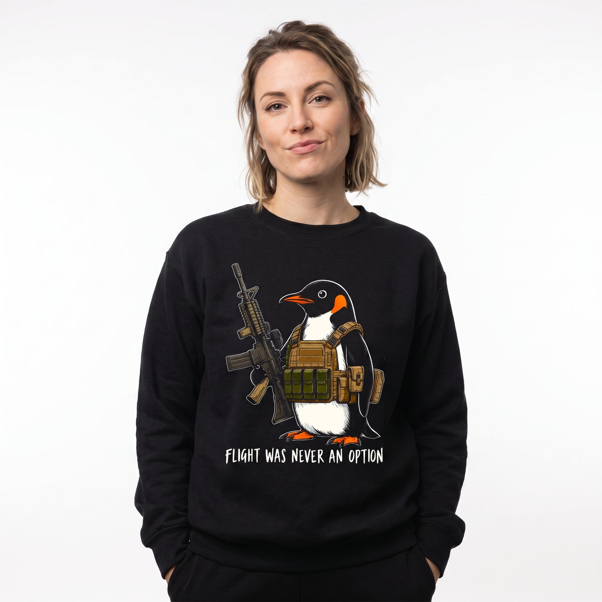 Model wearing the Tactical Penguin sweatshirt in Black, cover image 1