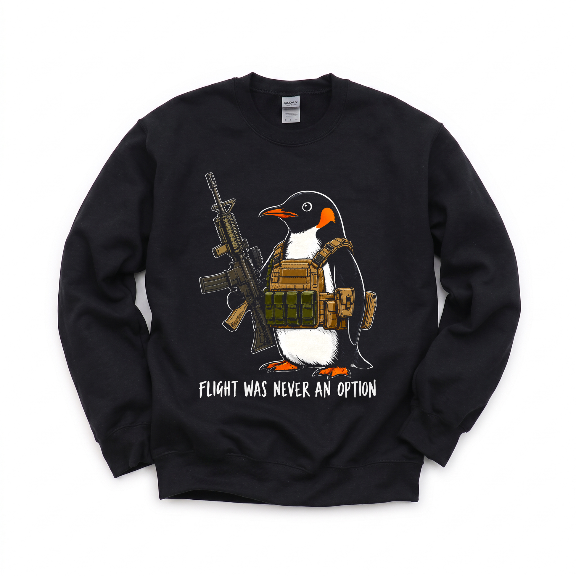 Tactical Penguin graphic on Gildan 18000 in Black