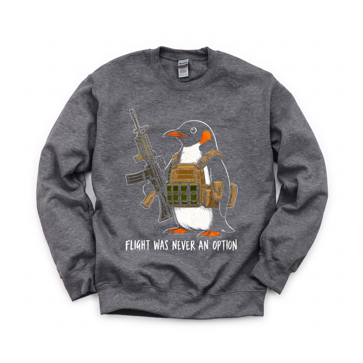 Tactical Penguin graphic on Gildan 18000 in Dark Heather