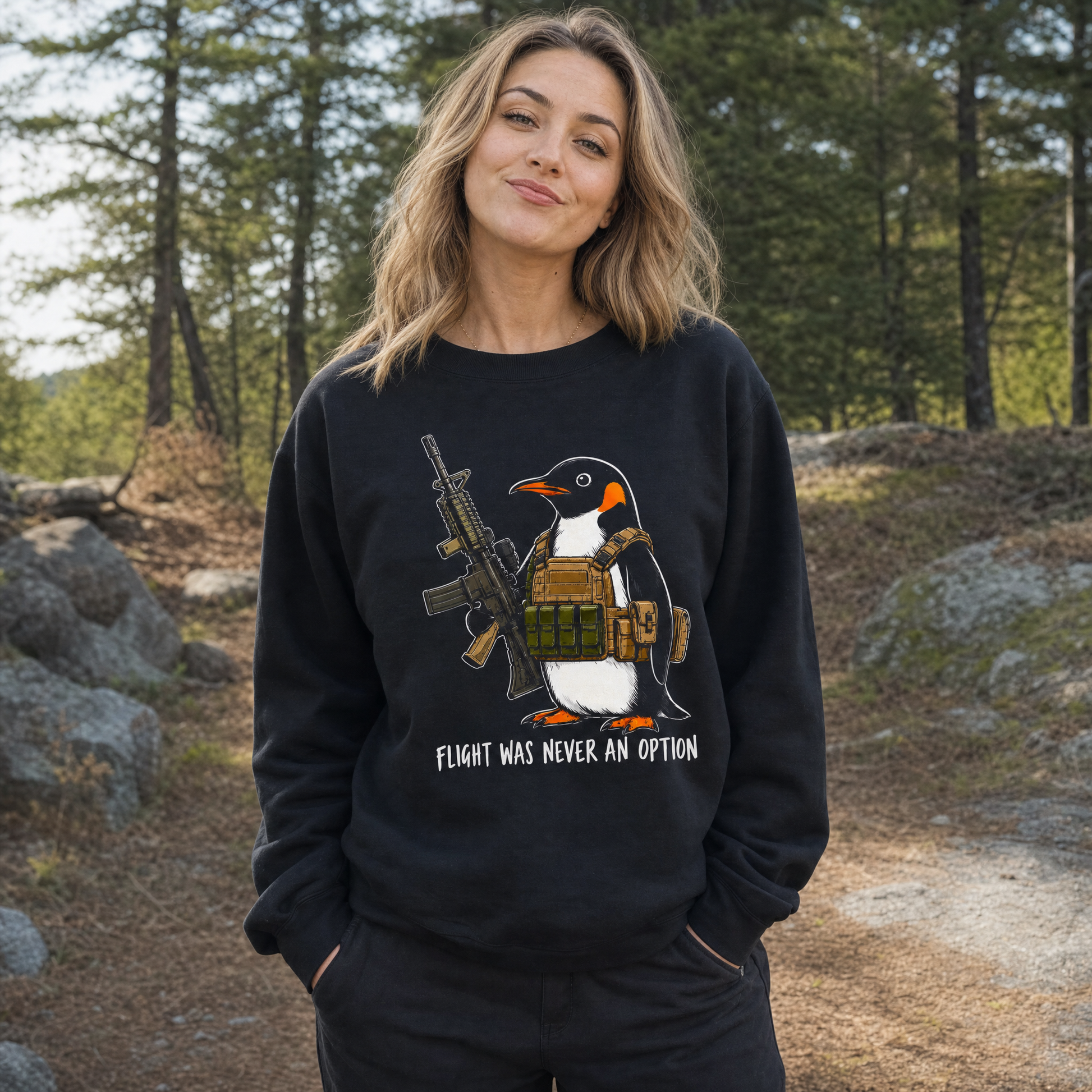 Model wearing the Tactical Penguin sweatshirt in Black, lifestyle image 1