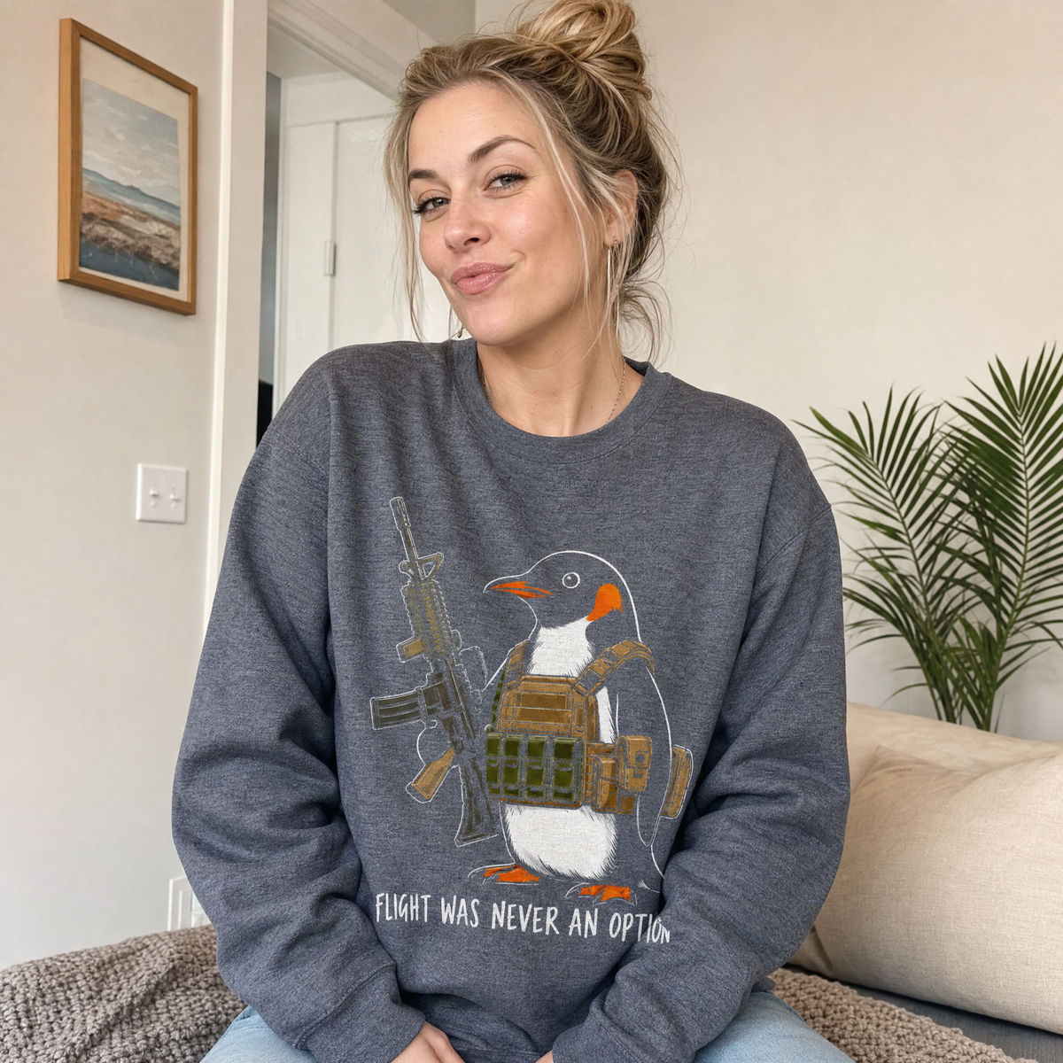 Model wearing the Tactical Penguin sweatshirt in Dark Heather