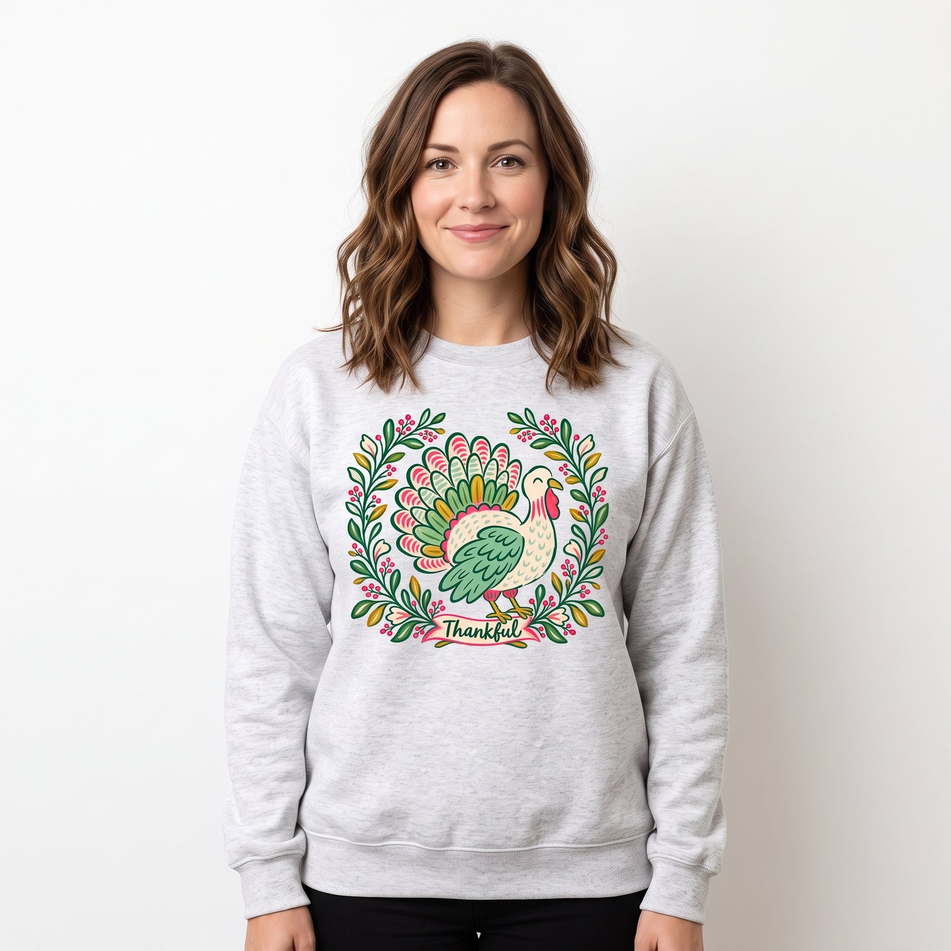 Model wearing the Thankful Turkey sweatshirt in Ash, cover image 1