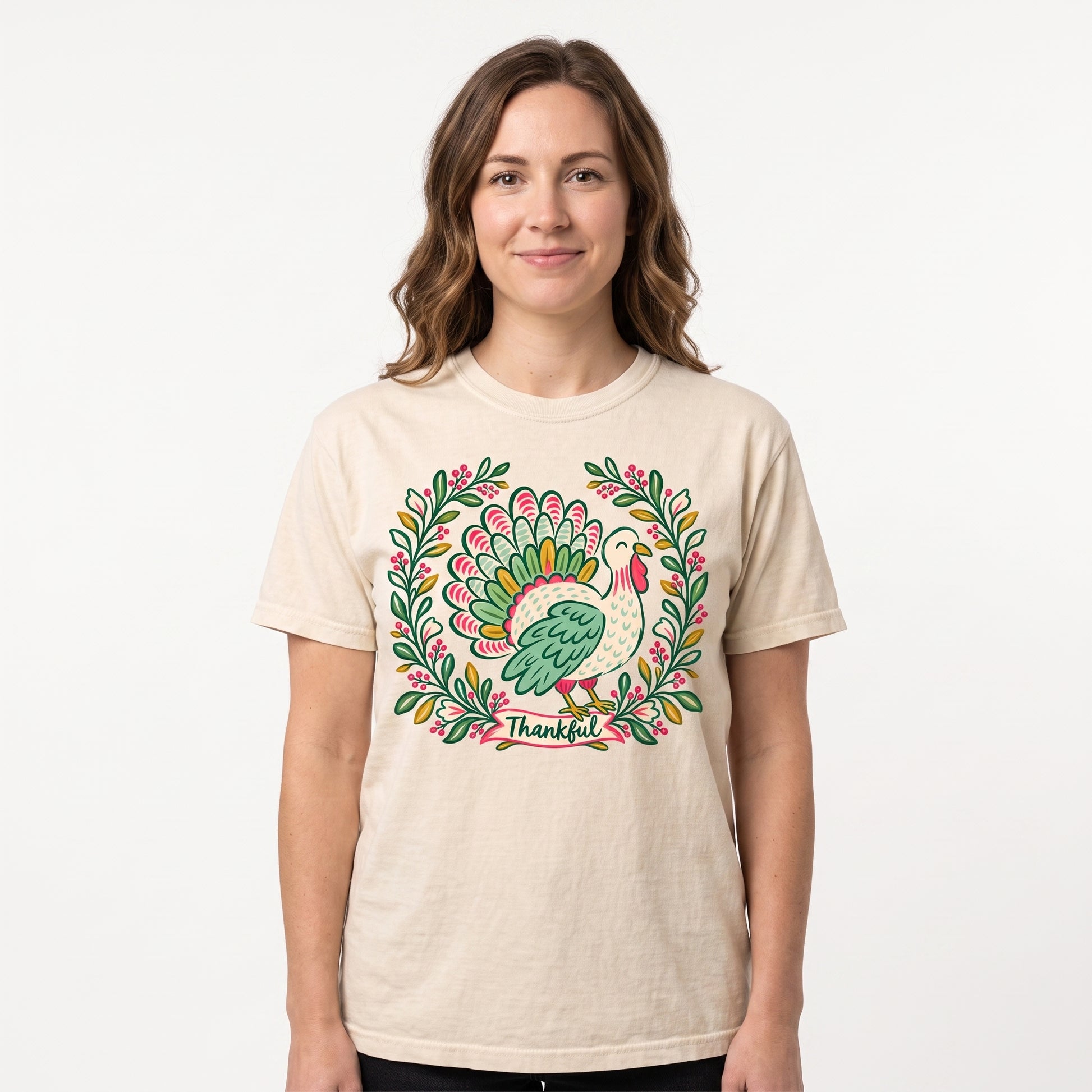 Model wearing the Thankful Turkey comfort colors tee in Ivory, cover image 1