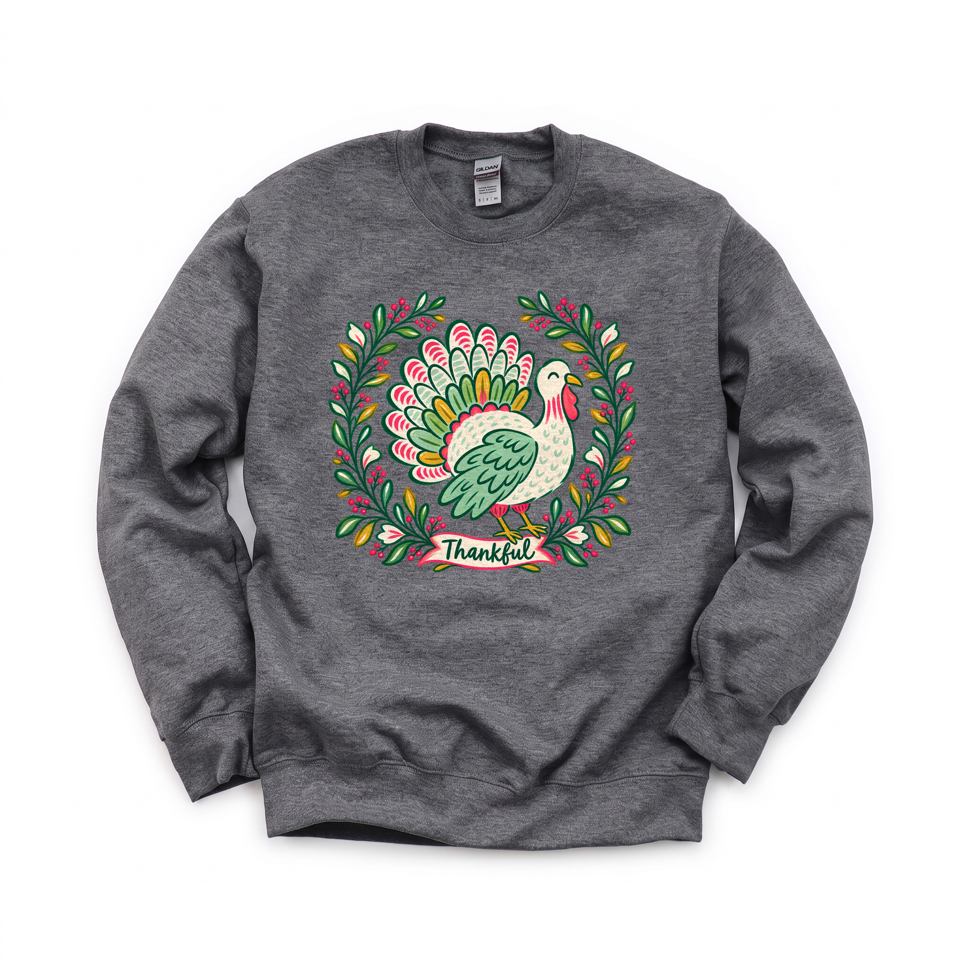 Thankful Turkey graphic on Gildan 18000 in Dark Heather