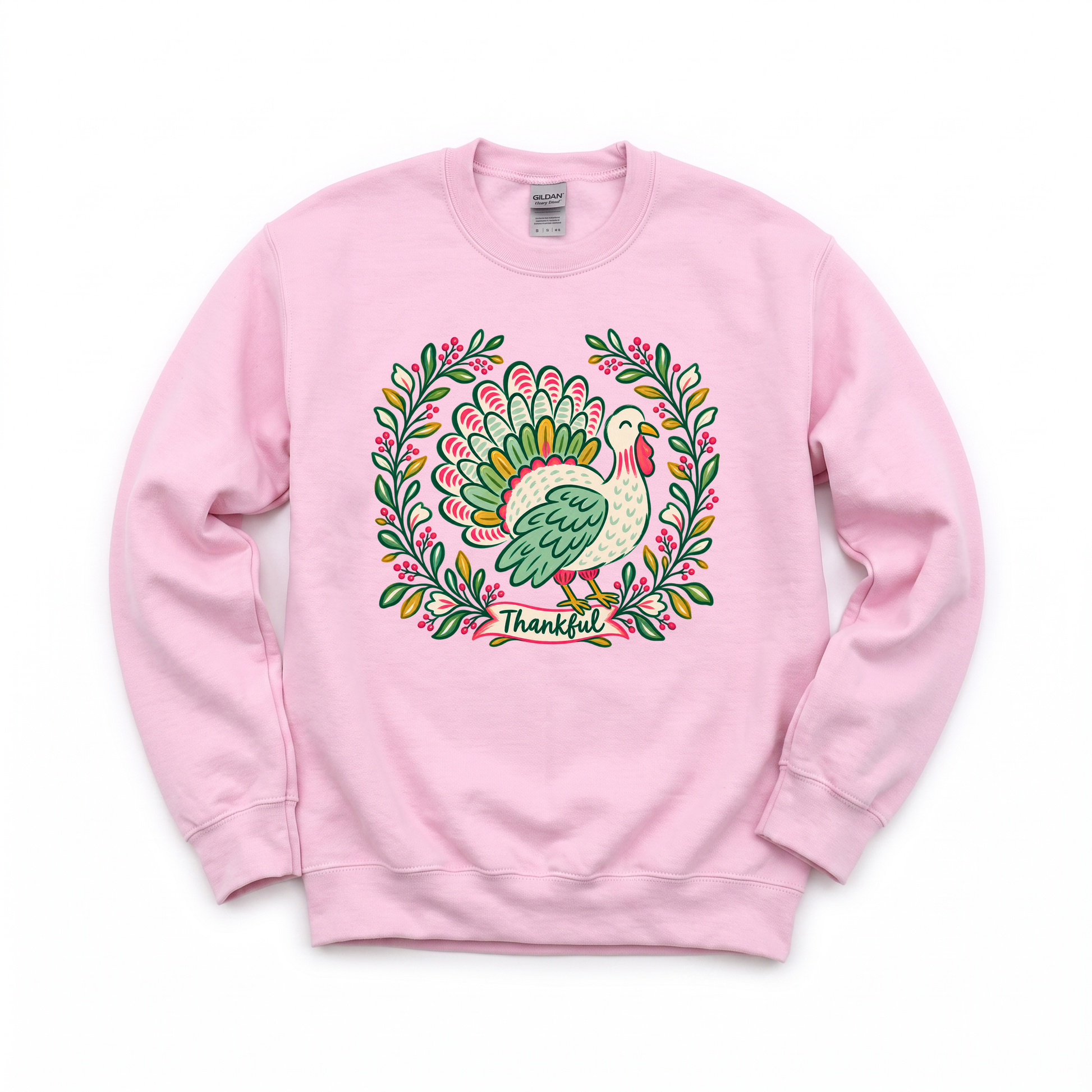 Thankful Turkey graphic on Gildan 18000 in Light Pink