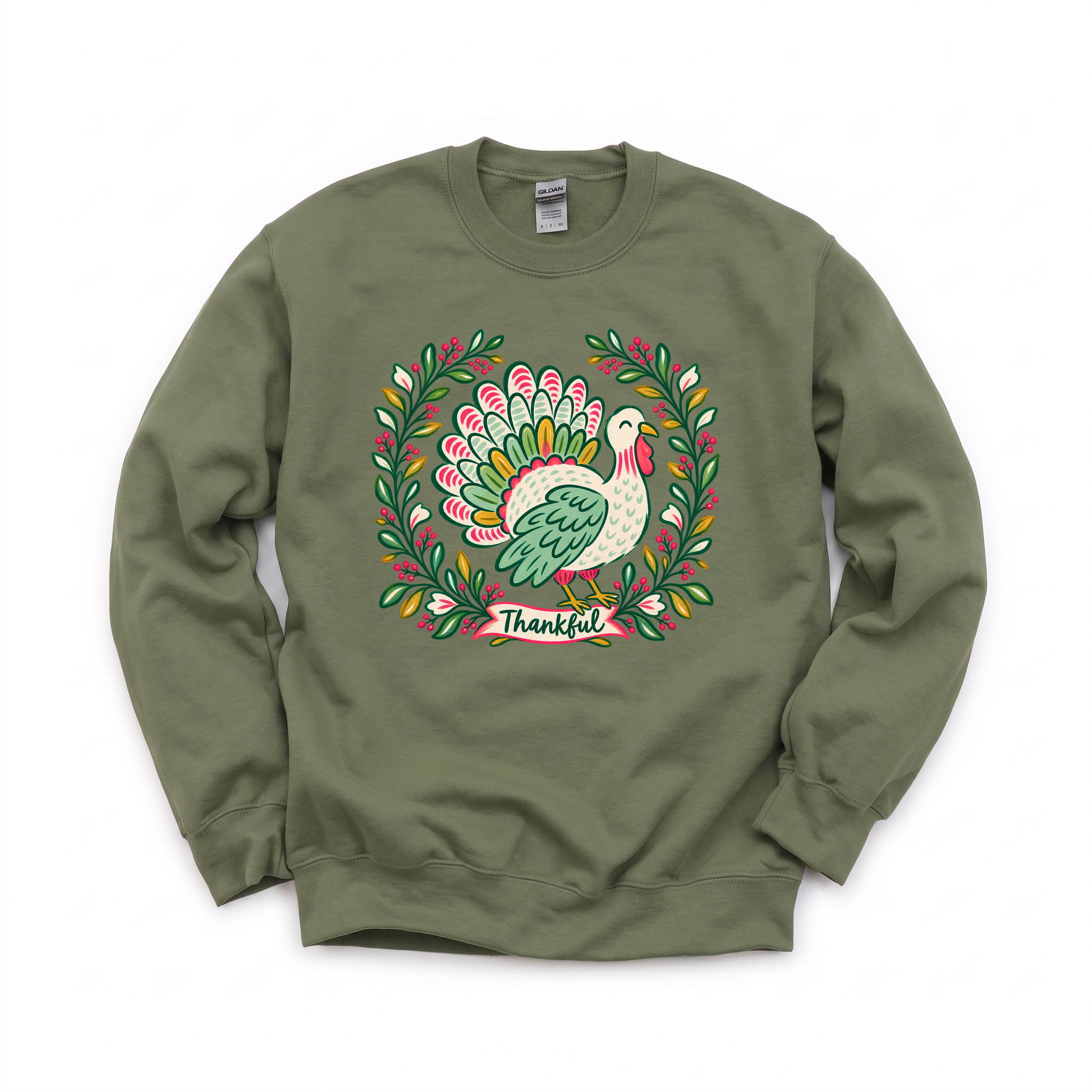 Thankful Turkey graphic on Gildan 18000 in Military Green