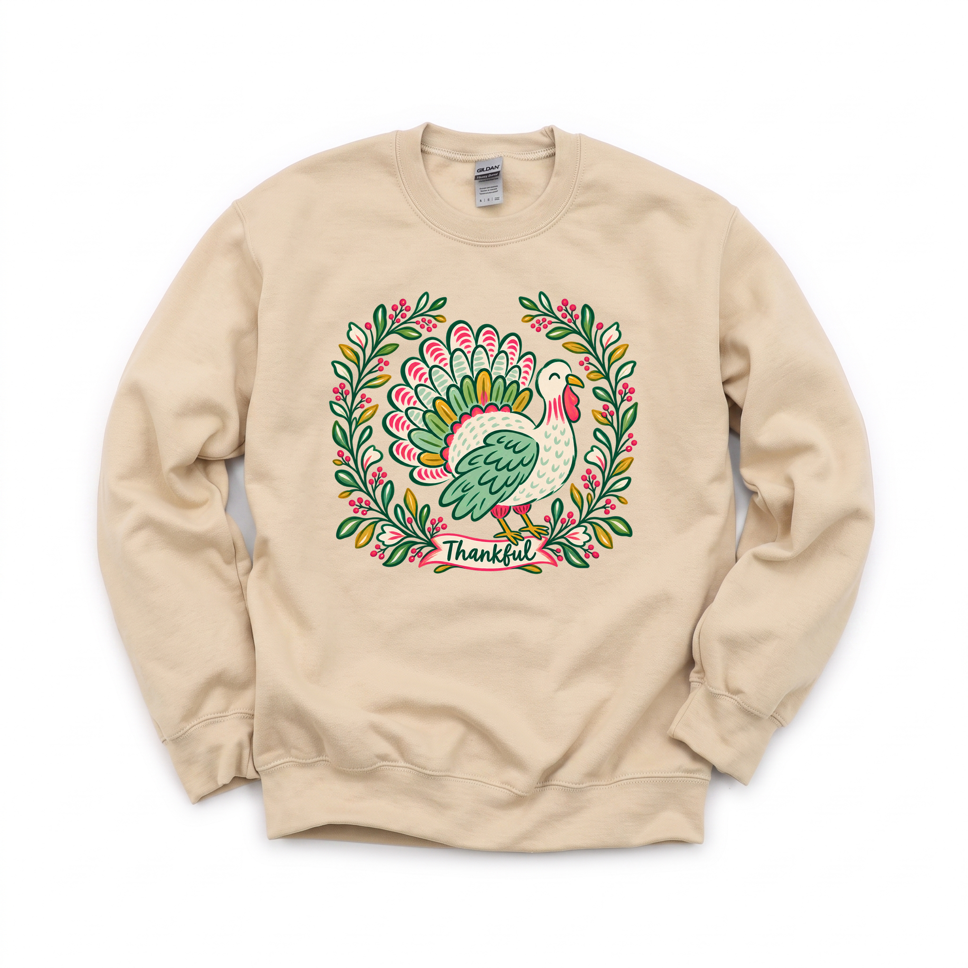 Thankful Turkey graphic on Gildan 18000 in Sand