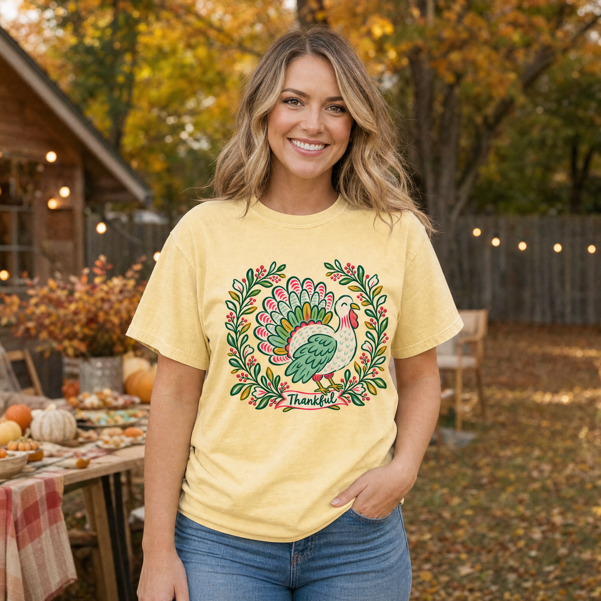 Model wearing the Thankful Turkey comfort colors tee in Butter