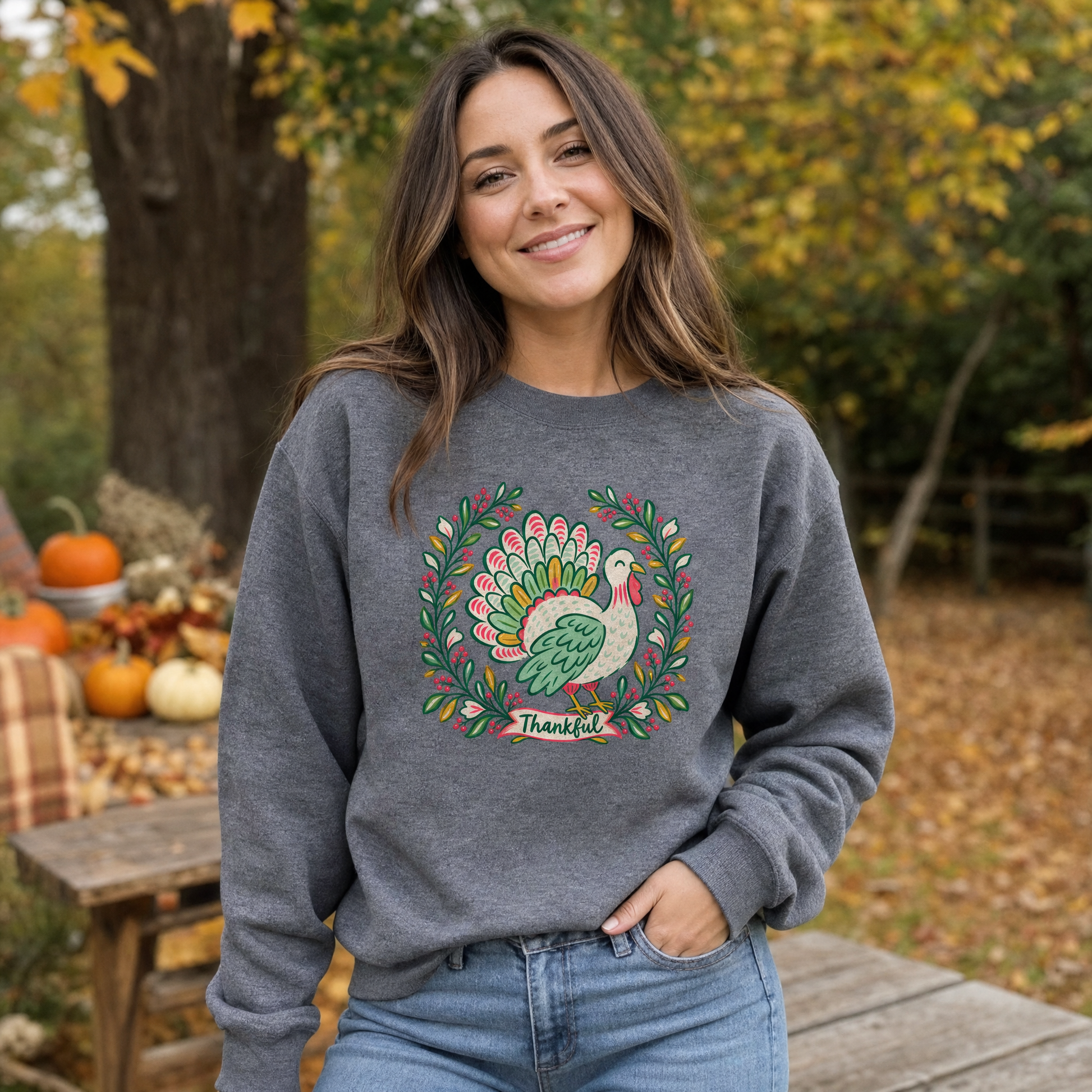 Model wearing the Thankful Turkey sweatshirt in Dark Heather
