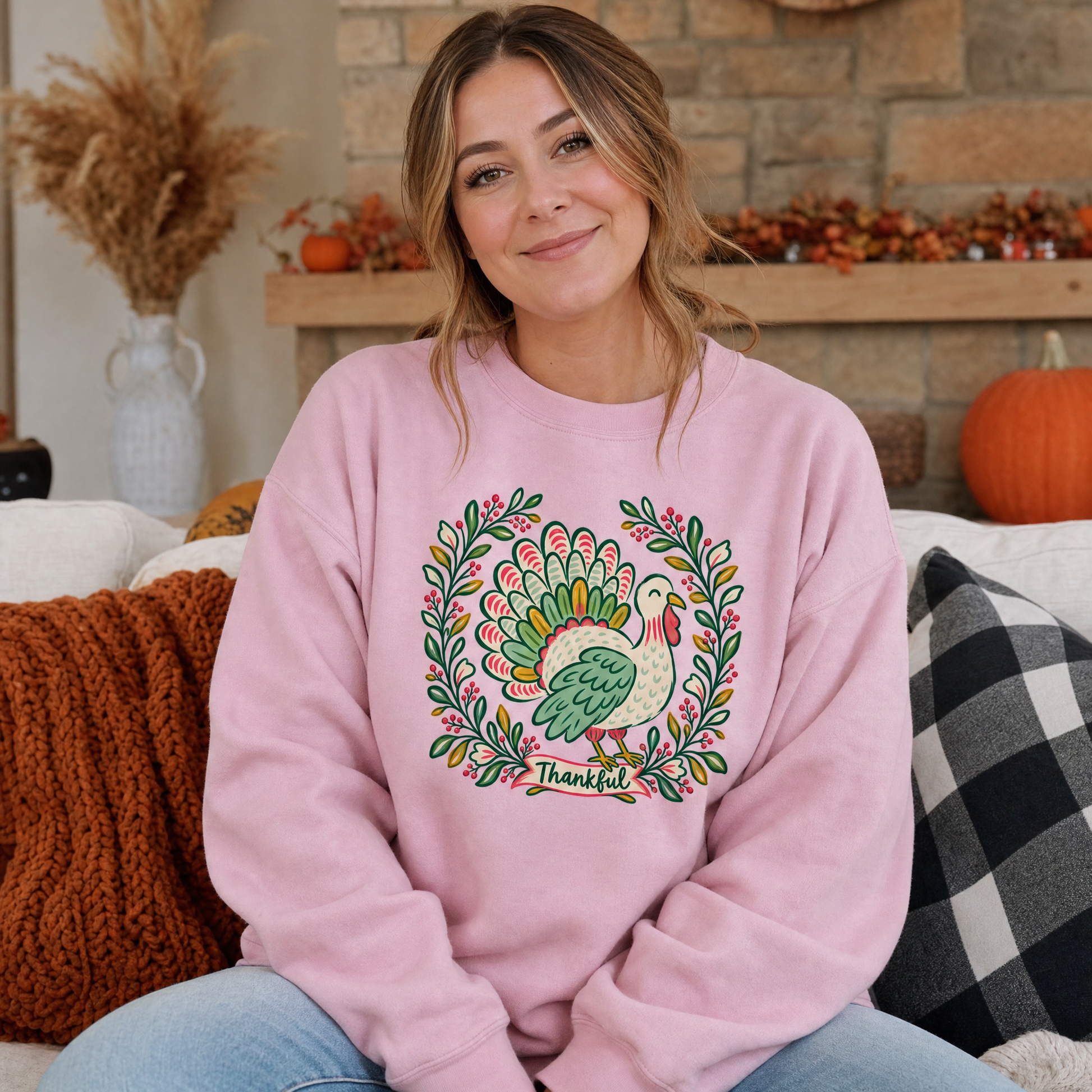 Model wearing the Thankful Turkey sweatshirt in Light Pink