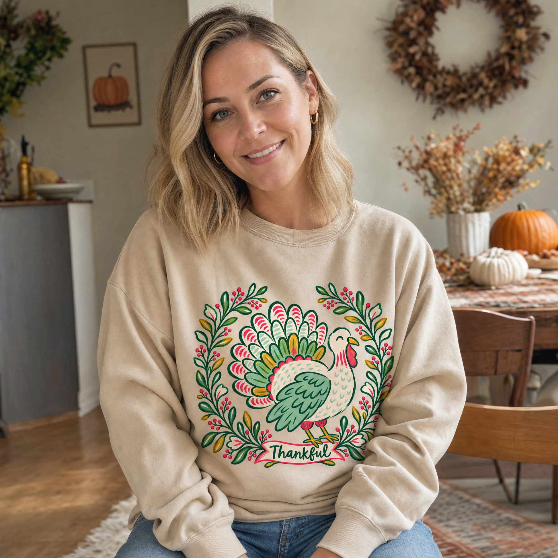 Model wearing the Thankful Turkey sweatshirt in Sand
