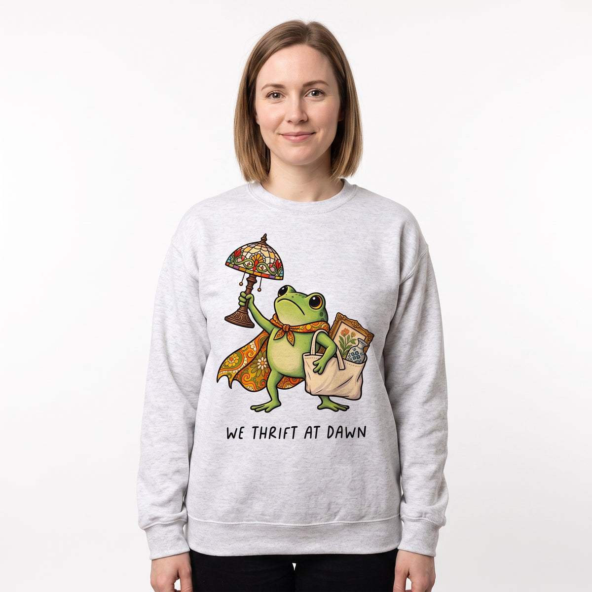 Model wearing the Thrifting Frog sweatshirt in Ash, cover image 1