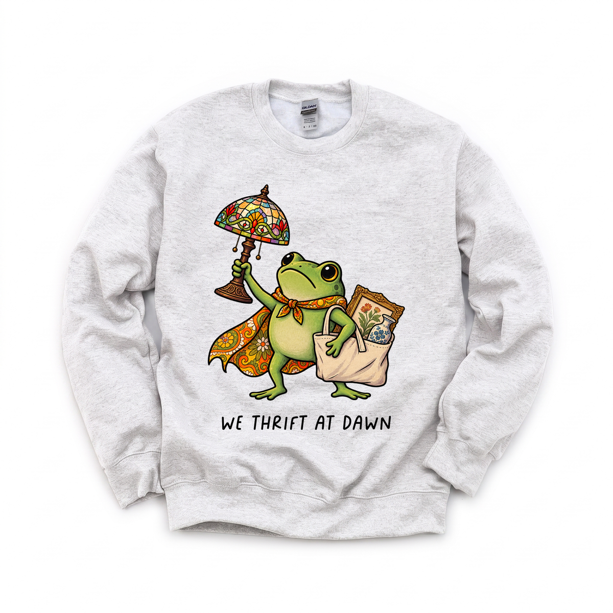 Thrifting Frog graphic on Gildan 18000 in Ash