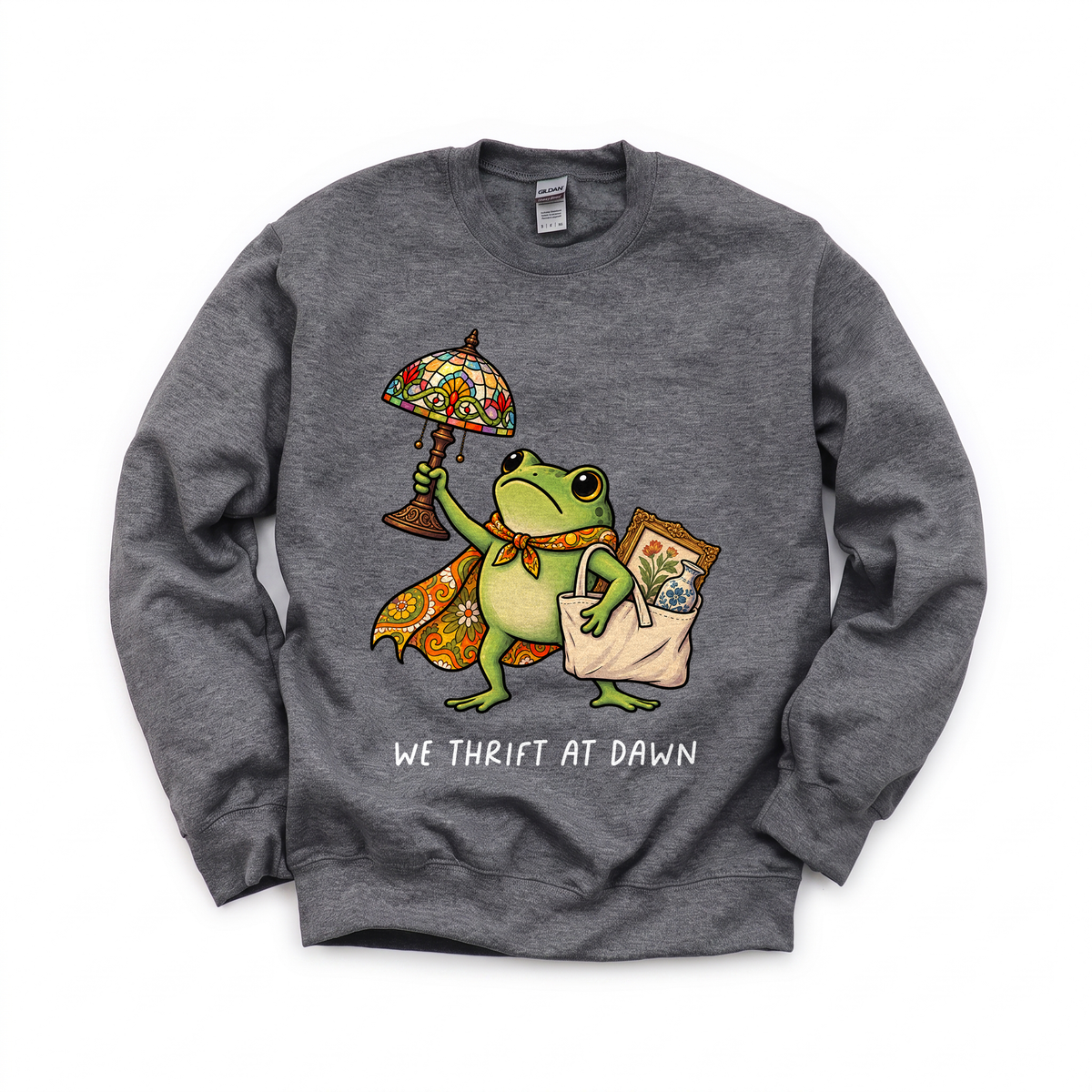 Thrifting Frog graphic on Gildan 18000 in Dark Heather