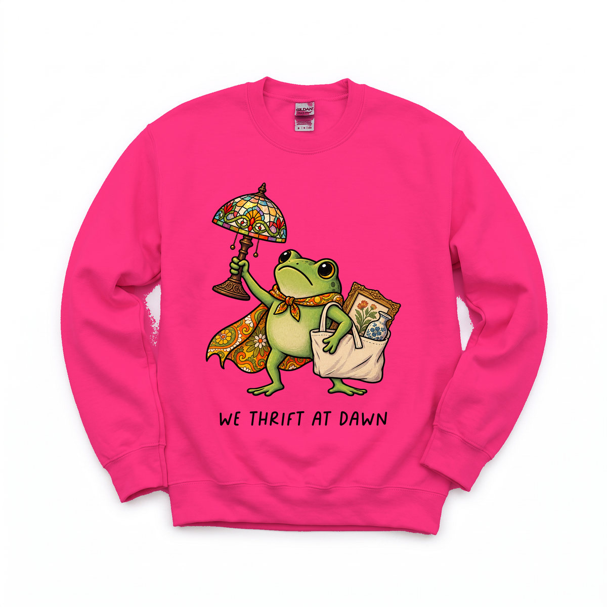Thrifting Frog graphic on Gildan 18000 in Heliconia