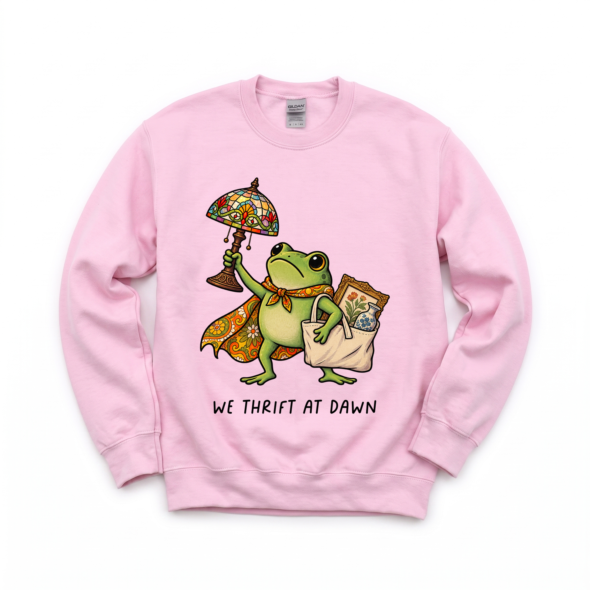 Thrifting Frog graphic on Gildan 18000 in Light Pink