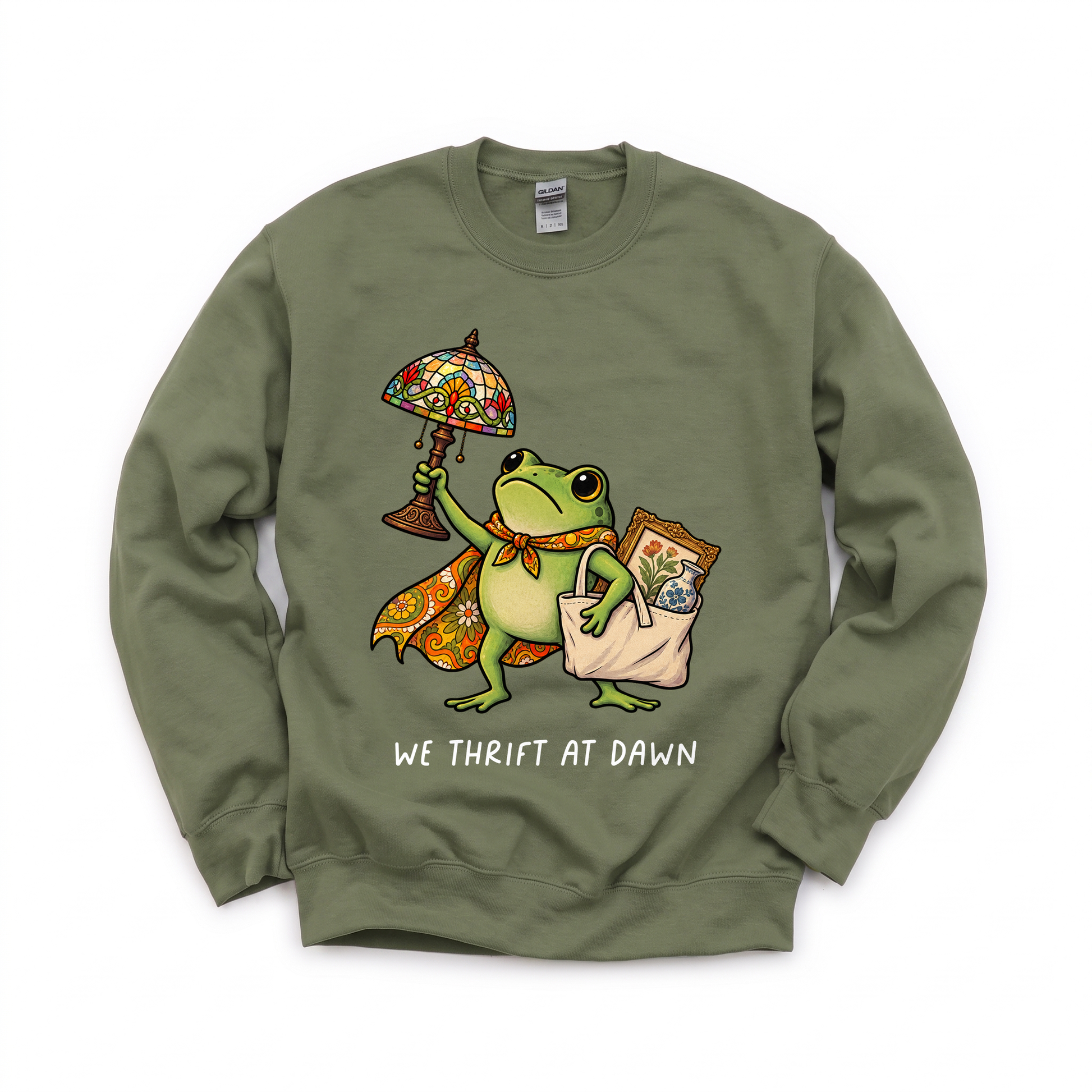 Thrifting Frog graphic on Gildan 18000 in Military Green