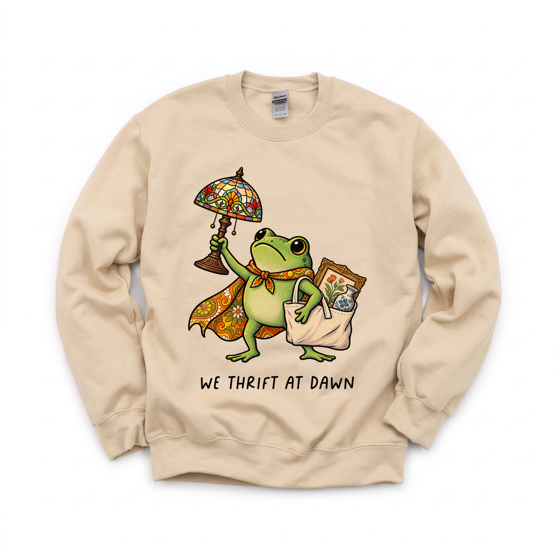 Thrifting Frog graphic on Gildan 18000 in Sand
