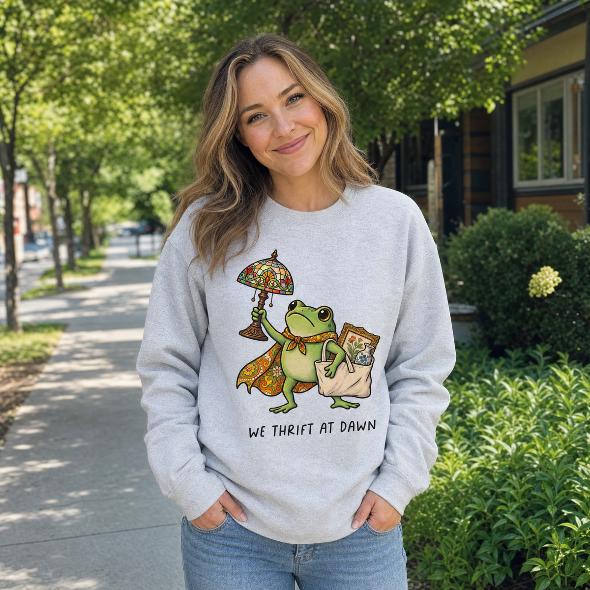 Model wearing the Thrifting Frog sweatshirt in Ash, lifestyle image 1