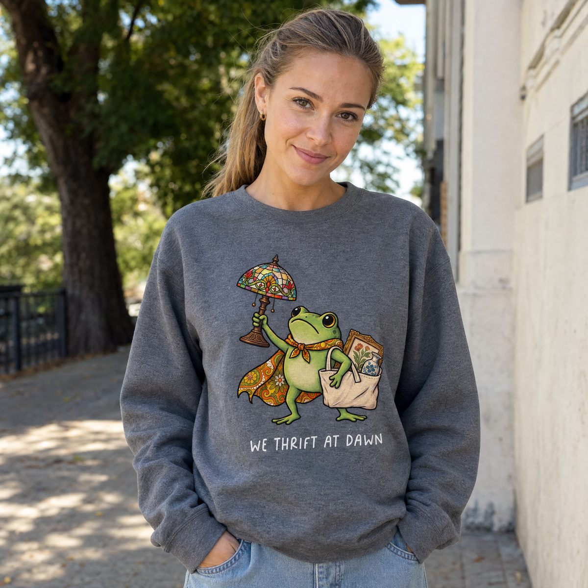 Model wearing the Thrifting Frog sweatshirt in Dark Heather