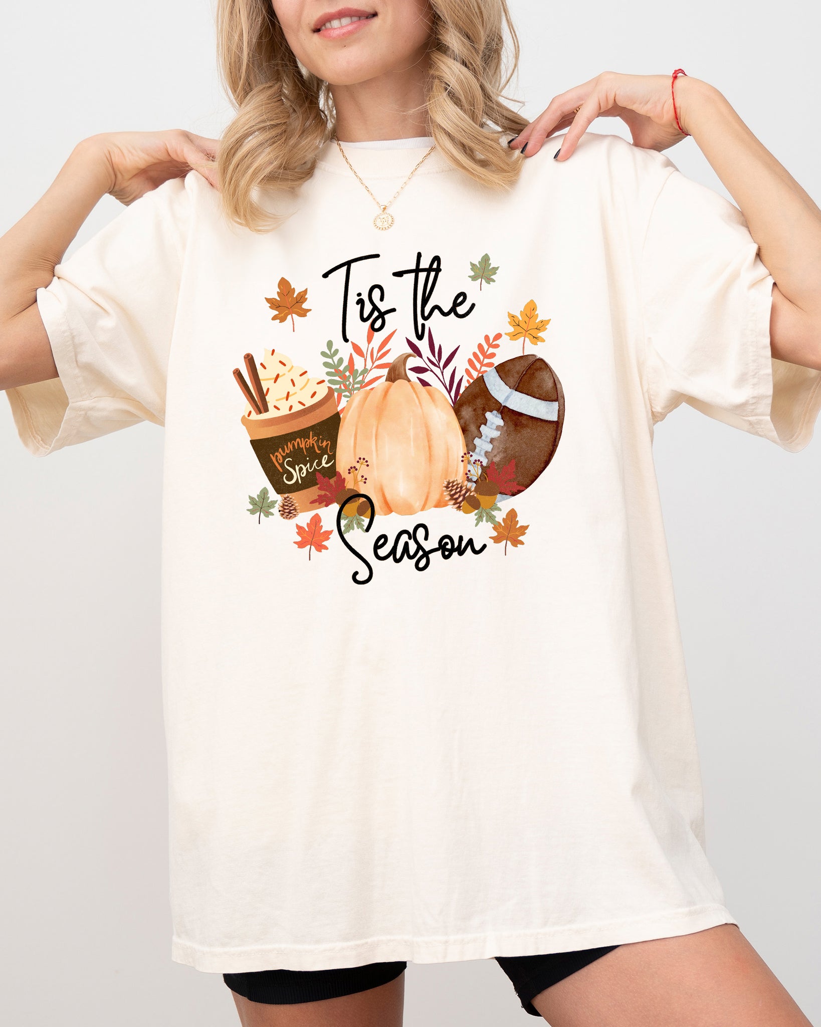 Tis The Season, Football, Pumpkin, Pumpkin Spice Coffee Latte, Leaves, Autumn, Fall, Halloween Shirt Comfort Colors T-Shirt