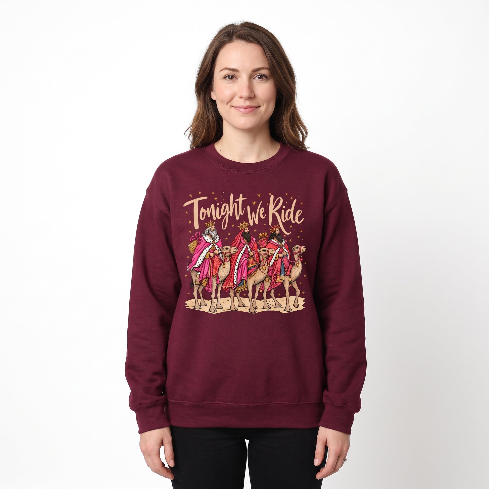 Model wearing the Tonight We Ride sweatshirt in Maroon, cover image 1