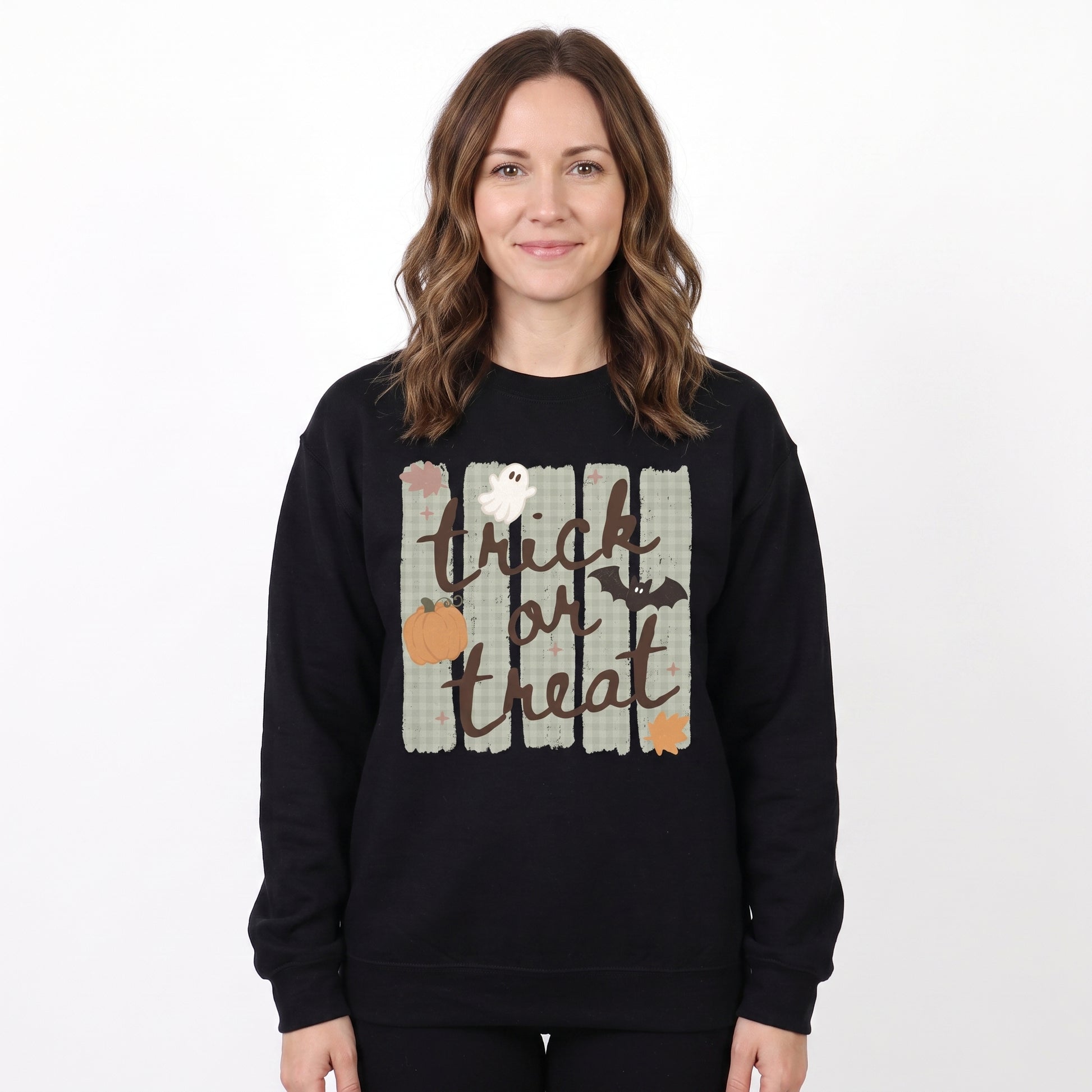 Model wearing the Trick or Treat sweatshirt in Black