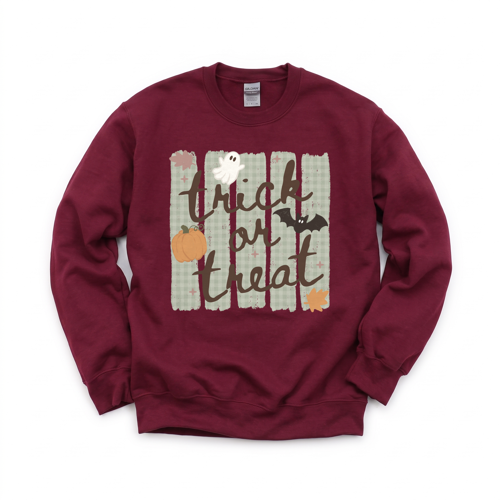Trick or Treat graphic on Gildan 18000 in Maroon