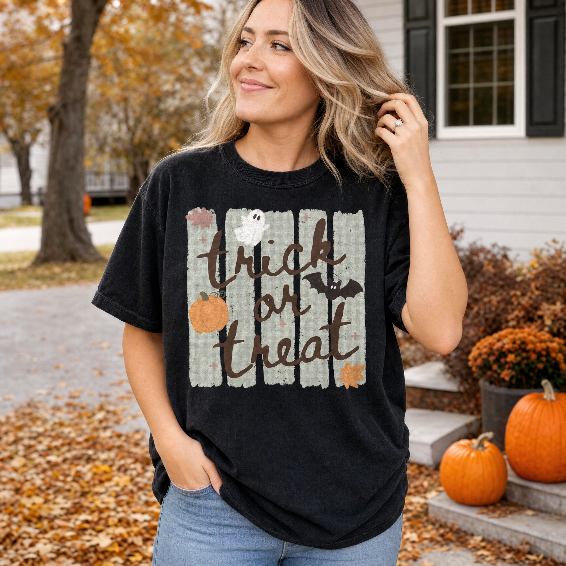 Model wearing the Trick or Treat comfort colors tee in Black
