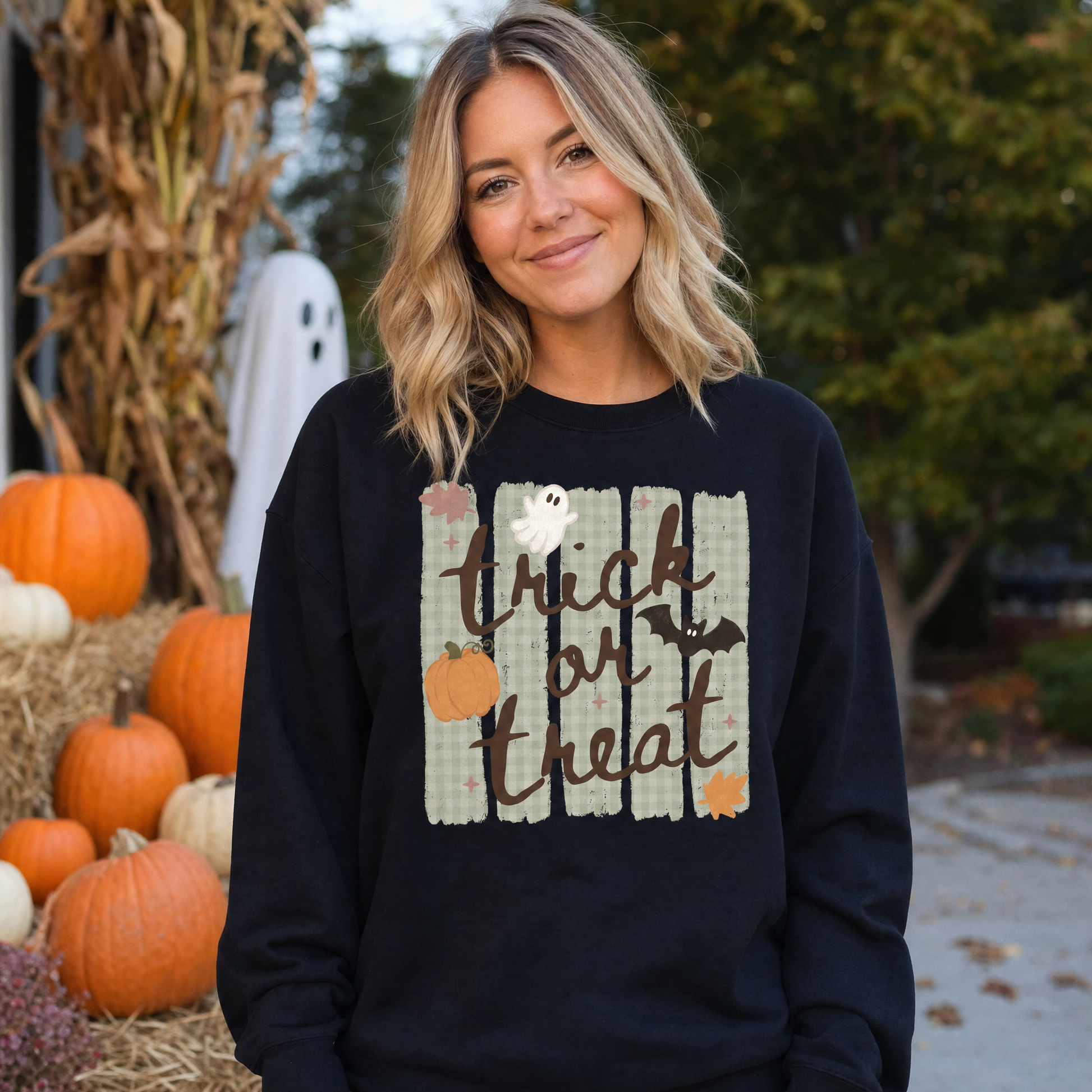 Model wearing the Trick or Treat sweatshirt in Black