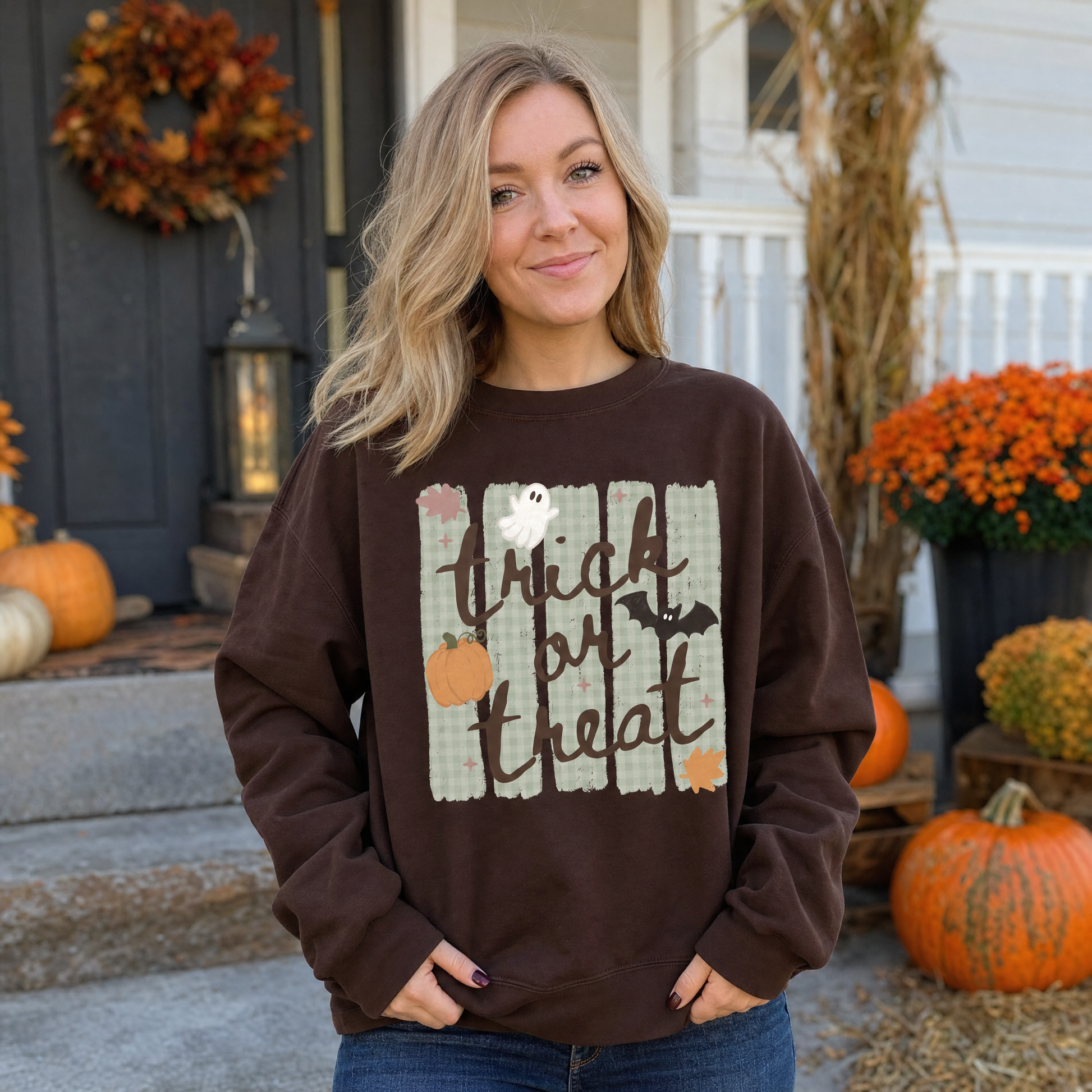 Model wearing the Trick or Treat sweatshirt in Dark Chocolate