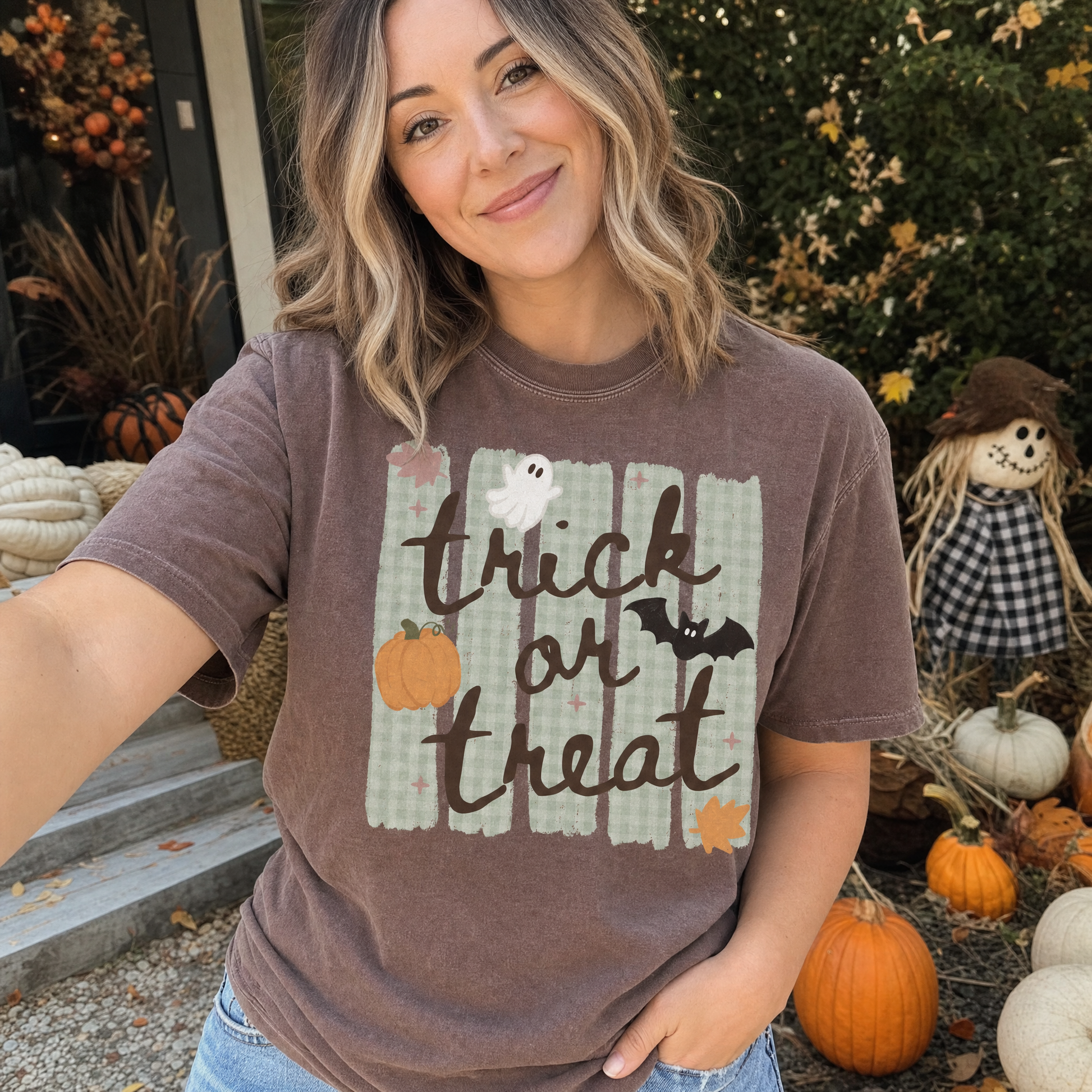 Model wearing the Trick or Treat comfort colors tee in Espresso