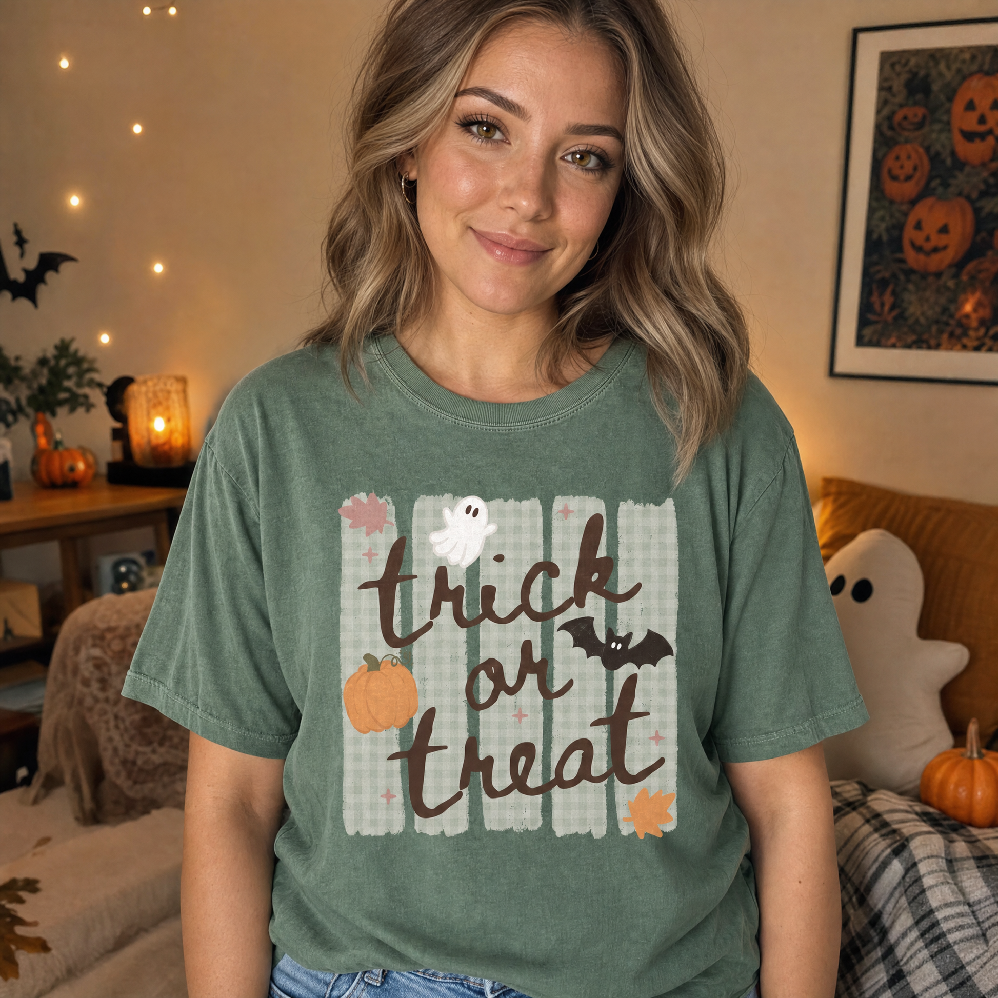 Model wearing the Trick or Treat comfort colors tee in Moss