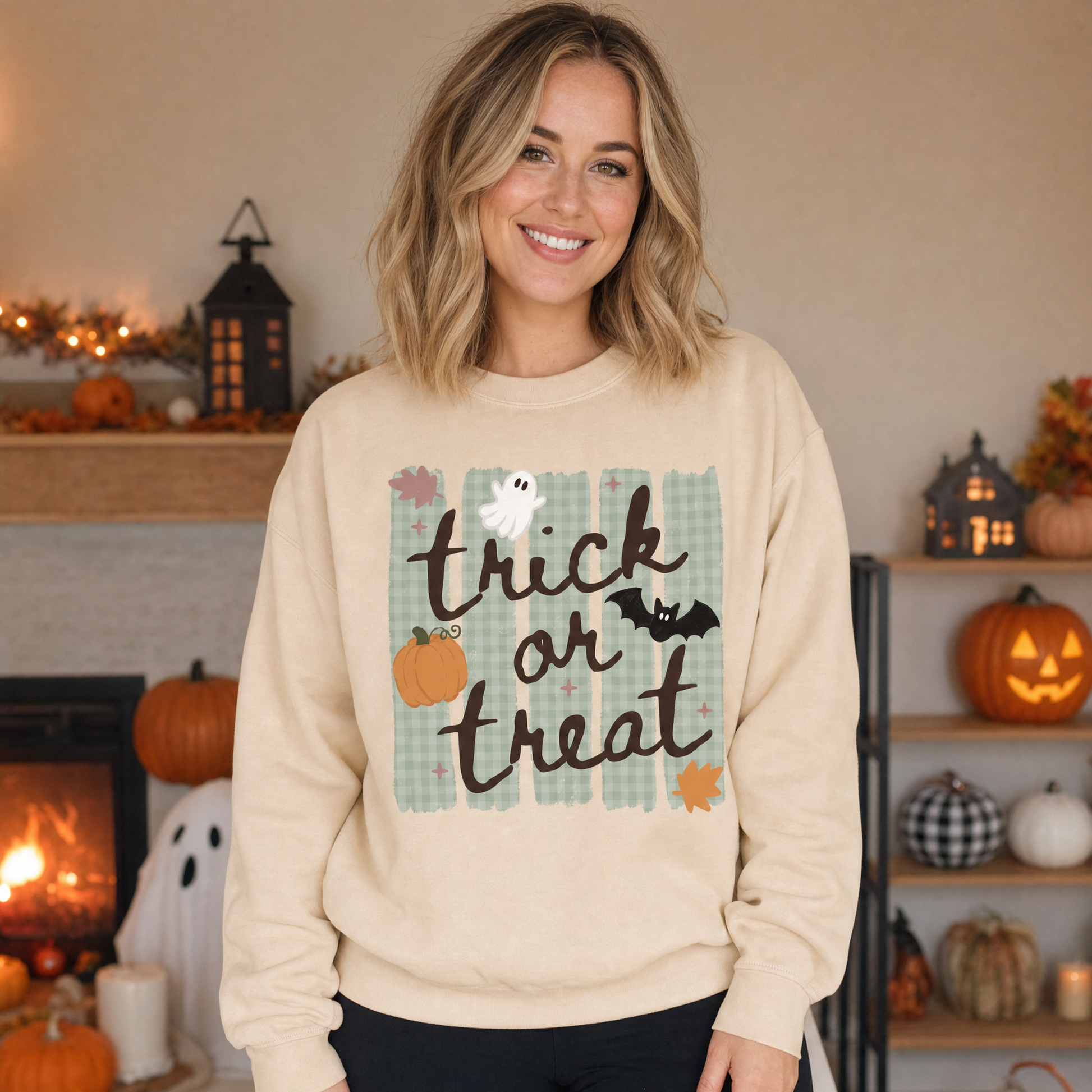 Model wearing the Trick or Treat sweatshirt in Sand