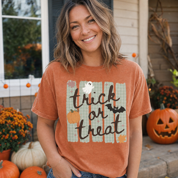 Model wearing the Trick or Treat comfort colors tee in Yam