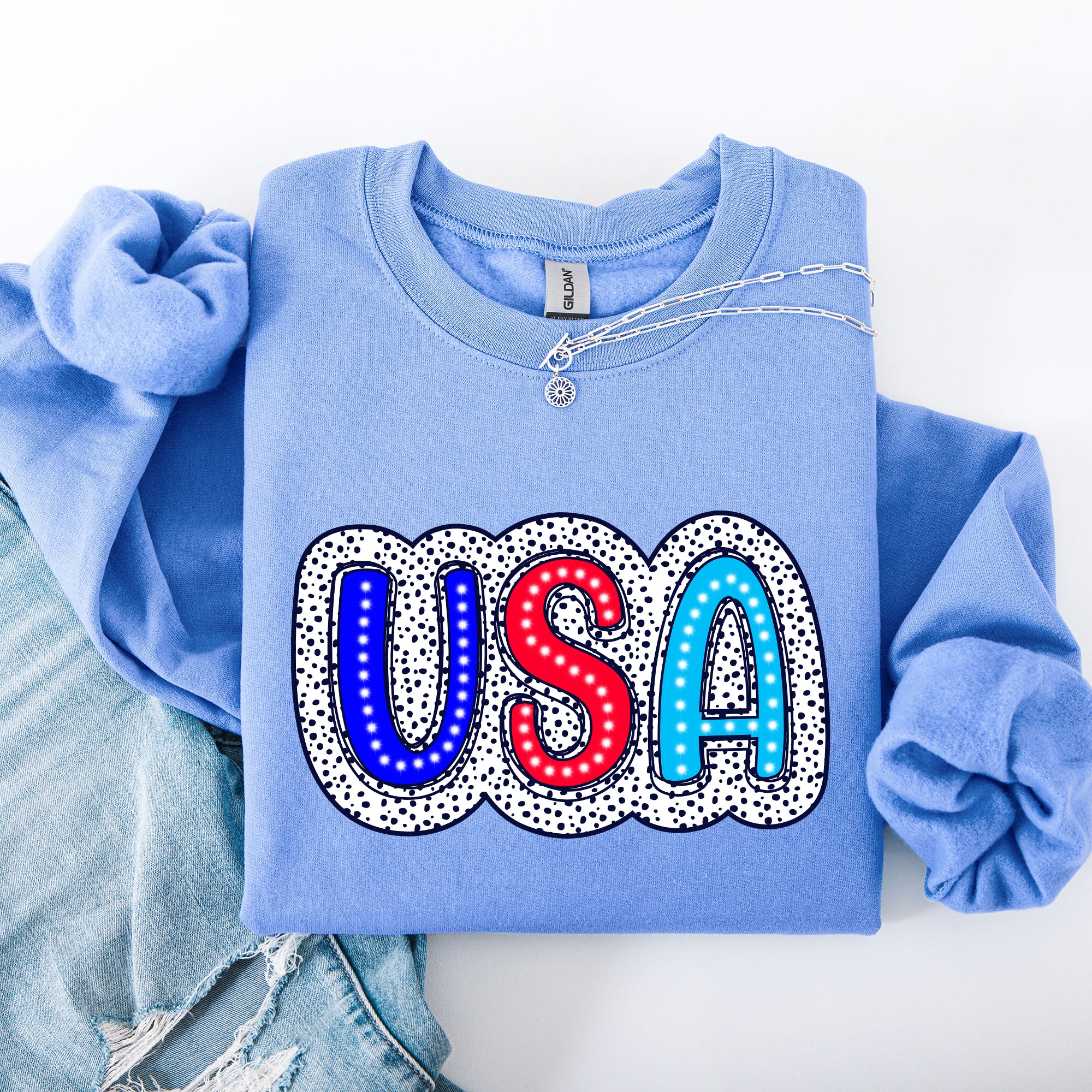 USA, Dalmatian Print, Patriotic, Red, White, Blue, America, 4th of July Sweatshirt