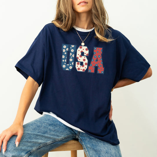 USA, Floral Print, Patriotic, America, Comfort Colors Tshirt