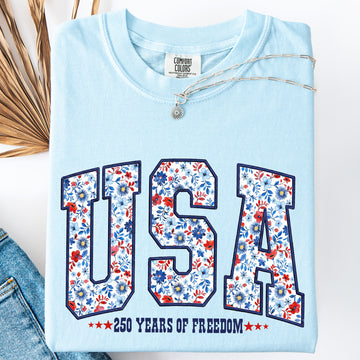 USA, Patriotic Floral, 250 Years of Freedom, Varsity, America Comfort Colors T-Shirt