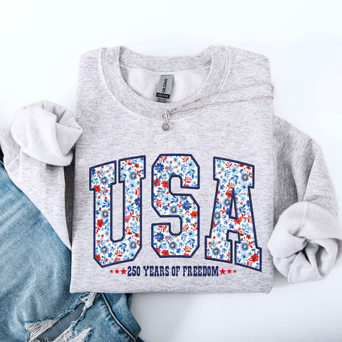 USA, Patriotic Floral, 250 Years of Freedom, Varsity, America Sweatshirt