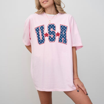 USA, Stars, Stripes, Patriotic, Retro, Varsity Style, Dark Blue, Tshirt Comfort Colors T-Shirt