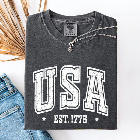 USA, est 1776, America, Patriotic, Vintage Varsity Comfort Colors T-Shirt