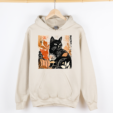 Vintage Black Cat, Halloween, Autumn, Fall, Pumpkin, Graphic Hoodie, Hooded Sweatshirt