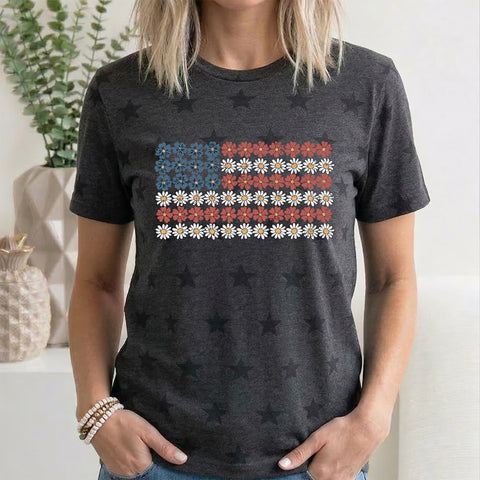 Vintage Flower Flag, Fourth of July, America, Patriotic, USA, Star Pattern T-Shirt