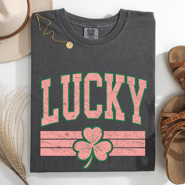 Vintage Lucky, Collegiate, Varsity, Stripes, St Patrick's Day, Shamrock, Clover, Lucky, Leprechaun Tshirt Comfort Colors T-Shirt