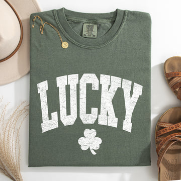 Vintage Lucky, Collegiate, Varsity, St Patrick's Day, Shamrock, Clover, Lucky, Leprechaun Tshirt Comfort Colors T-Shirt