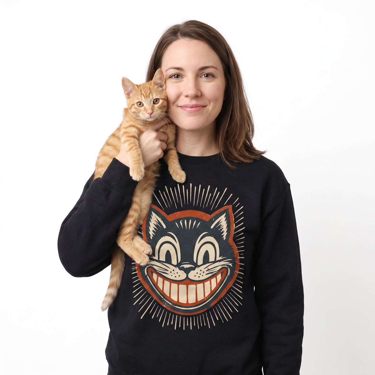 Model wearing the Vintage Black Cat sweatshirt in Black, cover image 1